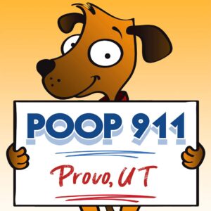 POOP 911 Provo, UT pooper scooper service yard sign being held by a happy and smiling brown dog.