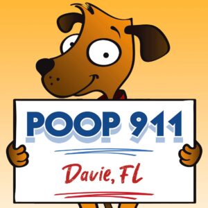 POOP 911 Davie, FL pooper scooper service yard sign being held by a happy and smiling brown dog.