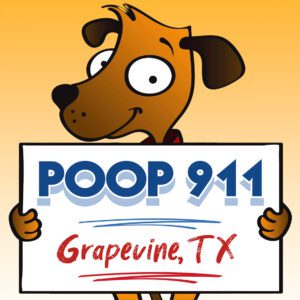 POOP 911 Grapevine, Texas Pooper Scooper Service yard sign being held by a happy brown dog.