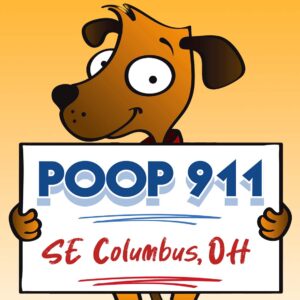 POOP 911 SE Columbus, OH pooper scooper service yard sign being held by a happy and smiling brown dog.