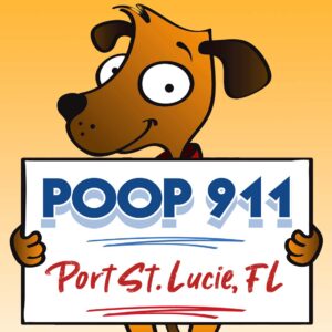 POOP 911 Port St. Lucie, FL pooper scooper service yard sign being held by a happy and smiling brown dog.