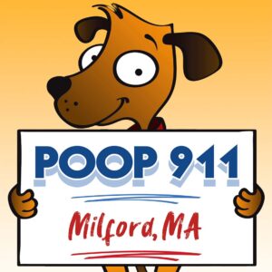 POOP 911 Milford, MA pooper scooper service yard sign being held by a happy and smiling brown dog.