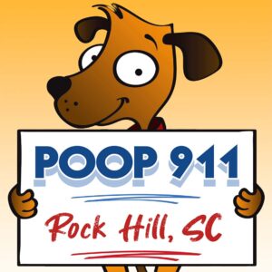 POOP 911 Rock Hill, SC pooper scooper service yard sign being held by a happy and smiling brown dog.