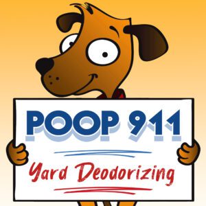 POOP 911 yard deodorizer sign being held by a happy brown dog.