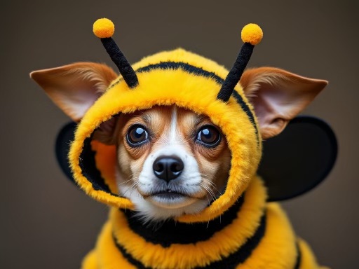 Bee dog costume for Halloween. Cute and buzzing with style, this costume is a common choice for smaller dogs.