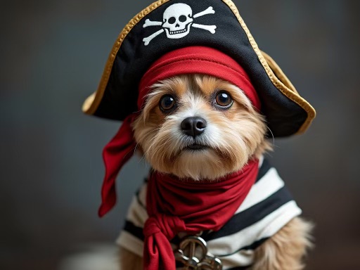 A pirate dog Halloween costume. A fun and adventurous costume, even without the eyepatch. A small dog dressed as a pirate for Halloween is a swashbuckling adventure in cuteness!