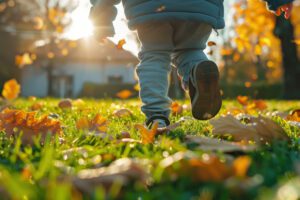 A happy and carefree child plays in a clean, fresh yard in the fall.