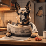 German Shepherd wearing eyeglasses and reading a newspaper at the kitchen counter.