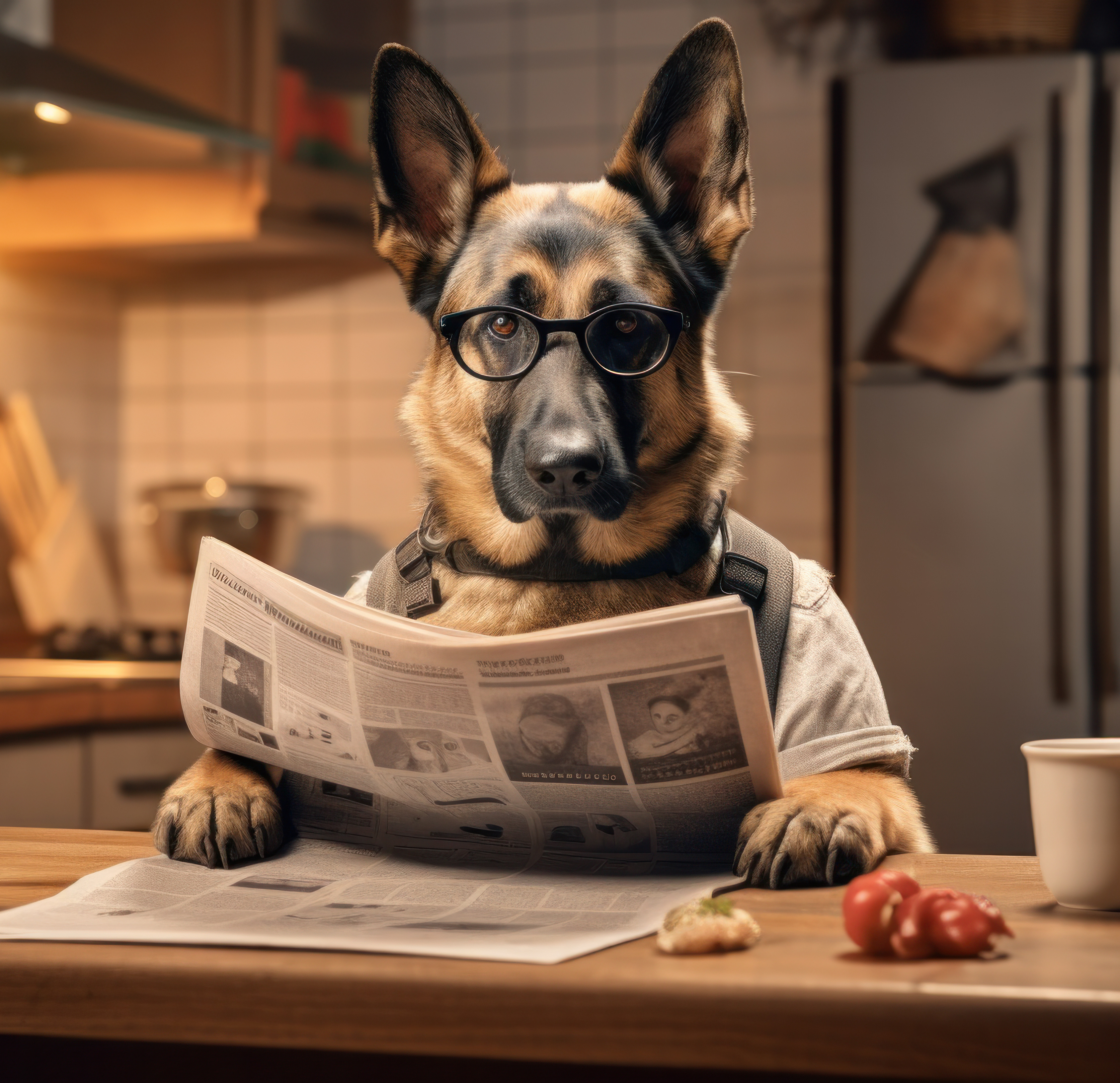 German Shepherd wearing eyeglasses and reading a newspaper at the kitchen counter.