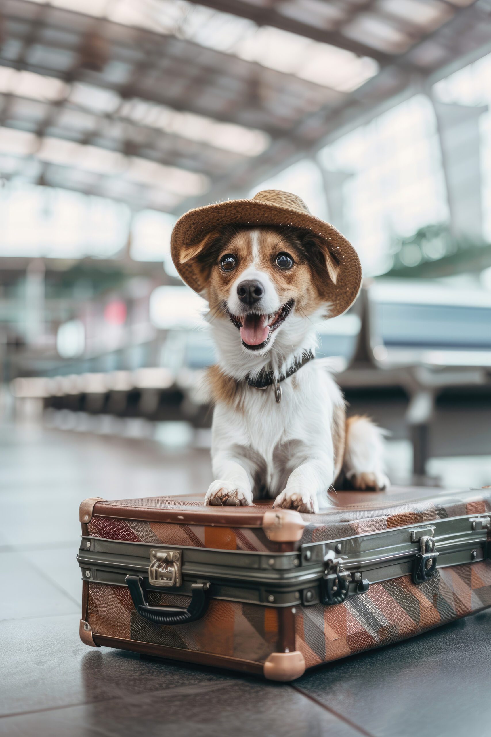 A happy dog sitting on luggage featured image for the POOP 911 Top 10 Dog Friendly Travel Destinations Infographic.